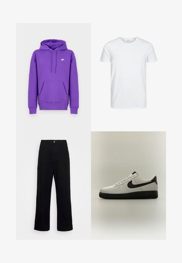 Μωβ φούτερ Nike με μπροστινή τσέπη, κουκούλα με κορδόνι και λευκό λογότυπο στο στήθος. Φτιαγμένο από μαλακό υλικό φούτερ.; Μπλούζα κοντομάνικη με στρογγυλή λαιμόκοψη σε λευκό χρώμα, φτιαγμένη από απαλό βαμβάκι, διαθέτει απλό σχέδιο χωρίς ορατά μοτίβα ή διακοσμητικά.; Μαύρο παντελόνι από βαρύ ύφασμα, με κατευθείαν γραμμή, μπροστινές τσέπες, φερμουάρ και κλείσιμο με ένα μεταλλικό κουμπί.; Χαμηλή λευκή αθλητική μπαλαρίνα με μαύρο λογότυπο Nike, μαύρη φτέρνα και παχύ μαύρο πέλμα σε ουδέτερο φόντο.