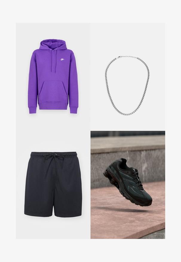 Fialová mikina Nike s predným vreckom, kapucňou na šnúrku a bielym logom na hrudi. Vyrobená z mäkkého materiálu na mikiny.; Čierne atletické šortky vyrobené z textúrovaného, priedušného materiálu; obsahujú elastický pás so šnúrkou pre nastaviteľné prispôsobenie.; Čierna atletická teniska s viditeľnou medzipodrážkou s air cushioning, ktorá visí nad ružovým kamenným povrchom s pozadím sivej kamennej steny.; Fossil JEWELRY NECKLACE - Náhrdelník - silver-coloured
