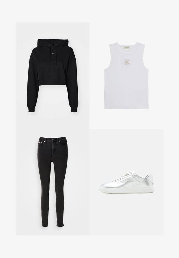 Sudadera corta negra con mangas largas, capucha con cordón, material de algodón suave y un logo sutil en el centro. Puños acanalados clásicos.; Camiseta sin mangas blanca con etiqueta Calvin Klein Jeans en el pecho y una etiqueta cerca del escote sobre un fondo blanco liso.; Pantalones vaqueros negros ajustados de mezclilla con una textura suave, que cuentan con diseño de cinco bolsillos, presillas para cinturón y cierre de botón metálico.; Zapatilla baja metálica plateada con suela y cordones blancos, textura suave y discreto logotipo en relieve en el lateral.