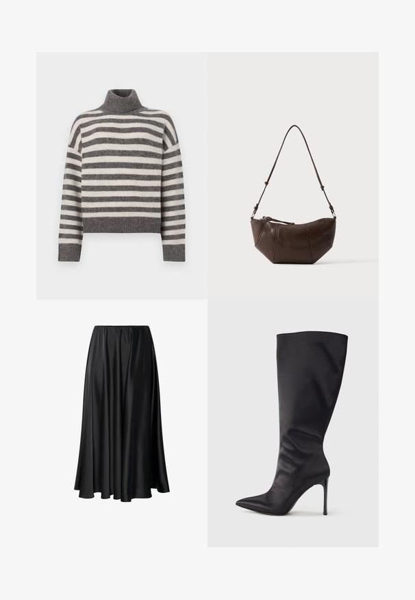 Stripet turtleneck sweater i grå og creme. Blødt materiale med en afslappet pasform, der har ribbede detaljer ved kraven og kanten.; Sort maxiskirt lavet af glat stof, med en elastisk talje, fuld silhuet og en flydende kant uden synlige mønstre eller detaljer.; Sort knæhøj stiletstøvle lavet af glat, glansfuldt materiale; spids tå; tætsiddende pasform med let samling nær anklen; skinnende hæl.; Brun læder skuldertaske med buet bund og justerbar rem mod en ensfarvet lys baggrund.