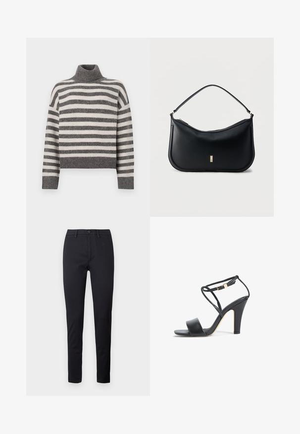 Stripet turtleneck sweater i grå og creme. Blødt materiale med en afslappet pasform, der har ribbede detaljer ved kraven og kanten.; Sorte bukser lavet af glat stof, med en standard talje, forlommer og tapered ben. Ingen synlige mønstre eller detaljer.; Sort højhælet sandal med tynd ankelrem, guldlås, åben tå og blokhæl, vist fra siden på en hvid baggrund.; Sort skuldertaske i læder med en enkelt strop, minimalistisk design, buet bund og en lille gylden rektangulær logoplade foran.