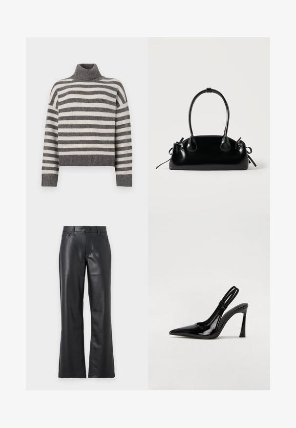 Stripet turtleneck sweater i grå og creme. Blødt materiale med en afslappet pasform, der har ribbede detaljer ved kraven og kanten.; Sorte læderbukser med en flagrende design, der har forlommer, bæltestropper og knaplukning. Glat tekstur med synlige sømme.; Sorte patenterede lædersædler med spidse tæer, slank høj hæl og dobbelt elastisk rem for sikker pasform. Glat, skinnende overflade.; Lille sort blank håndtaske med to lange håndtag og snøre-detaljer i siden på en ensfarvet lys baggrund.
