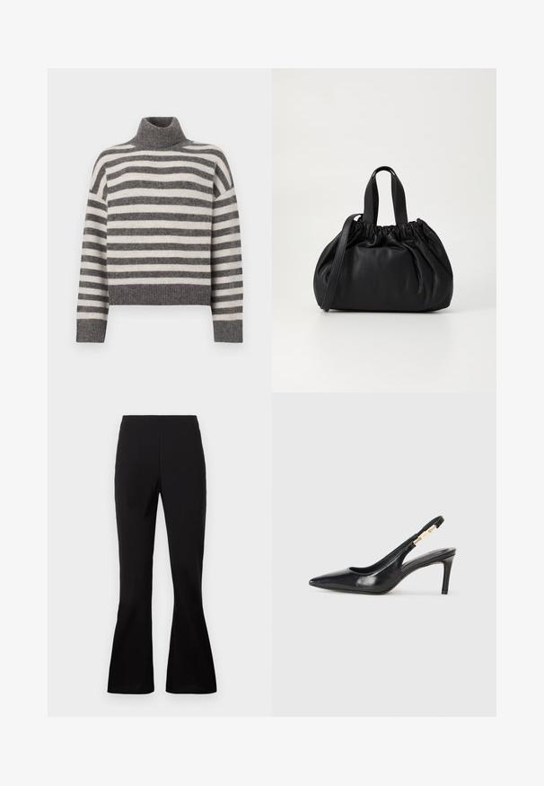 Stripet turtleneck sweater i grå og creme. Blødt materiale med en afslappet pasform, der har ribbede detaljer ved kraven og kanten.; Sorte flare-bukser lavet af et glat stof. Har en høj talje og en tætsiddende silhuet, der bredder sig ved kanten.; Sort læder slingback højhælede sko med spidse tæer, glat overflade og en smal ankelrem med guldfarvede hardware detaljer.; Sort læderhåndtaske med en samlet topdesign, der har to korte håndtag og en lang justerbar rem. Glat overflade, rund form.