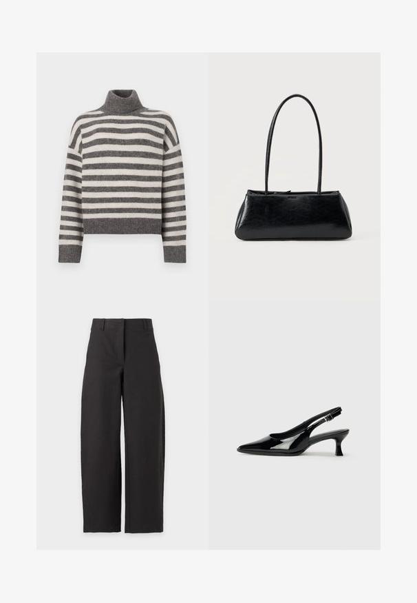 Stripet turtleneck sweater i grå og creme. Blødt materiale med en afslappet pasform, der har ribbede detaljer ved kraven og kanten.; Sorte bukser med vide ben, høj talje og bæltestropper, vist mod en hvid baggrund.; Sorte patenterede slingback-sko med spidse tæer og lav blokhæl. Justerbar spænde-rem ved anklen.; Sort rektangulær skuldertaske med lange tynde stropper og en glat, blank tekstur på en ensfarvet baggrund.