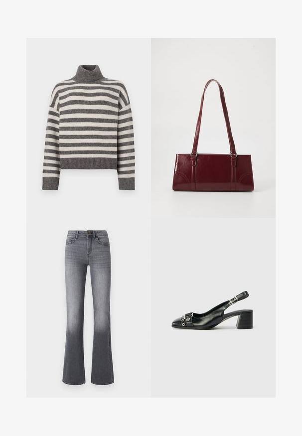 Stripet turtleneck sweater i grå og creme. Blødt materiale med en afslappet pasform, der har ribbede detaljer ved kraven og kanten.; Højtaljede, brede jeans i mørkegråt denim med forlommer, knaplukning og subtilt falmede effekter mod kanten.; Sorte læder slingback hæl med spids tå, tekstureret rem med cirkulære metalliske accenter, og en stablet blokhæl.; Bordeaux håndtaske lavet af glansfuldt materiale, rektangulær form, med to skulderremme og subtile buede detaljer på forsiden.
