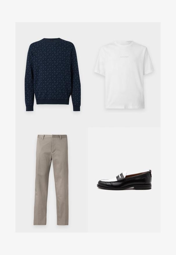 Pull bleu marine à col rond avec manches longues, en tissu texturé présentant un motif répétitif en relief HX sur toute la surface.; T-shirt blanc à manches courtes avec col rond, avec un discret logo Calvin Klein embossé centré sur la poitrine.; Pantalon gris clair à coupe droite, réalisé en tissu lisse, avec devant plat et ceinture standard munie de passants pour ceinture.; Mocassin en cuir noir et blanc avec des détails cousus, un petit talon et un design slip-on, présenté de profil sur un fond uni.