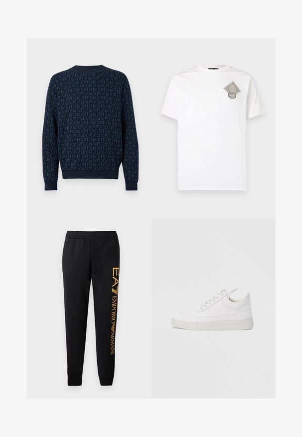 Pull bleu marine à col rond avec manches longues, en tissu texturé présentant un motif répétitif en relief HX sur toute la surface.; T-shirt en coton blanc avec un logo gris en forme de losange sur la poitrine gauche. Manches courtes, col rond et coupe standard.; Pantalon de survêtement noir avec une taille élastique et des ourlets resserrés. Présente une impression verticale de logo doré sur la jambe gauche. Fabriqué à partir d'un tissu doux.; Baskets en cuir blanc avec un embout arrondi, une semelle plate et un laçage à l'avant. Présentent des détails de couture et un col rembourré pour plus de confort.