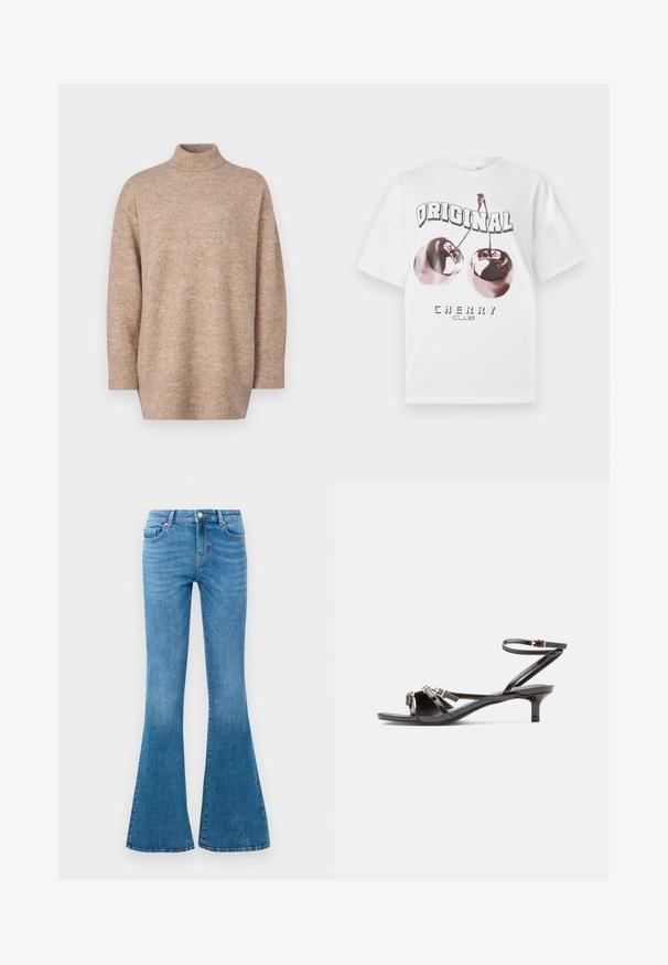 Pull en tricot beige avec un col roulé haut, des épaules tombantes et un ourlet côtelé, offrant une texture douce et une coupe décontractée.; T-shirt en coton blanc à manches courtes. Présente un imprimé graphique de deux cerises et le texte "ORIGINAL CHERRY CLUB" en lettres noires en gras.; Jean flare en denim bleu avec une taille mi-haute, comportant cinq poches, un bouton standard et un léger délavage pour la texture.; Sandale en cuir verni noir avec fines lanières, petit talon kitten, et fermeture à boucle ajustable à la cheville.
