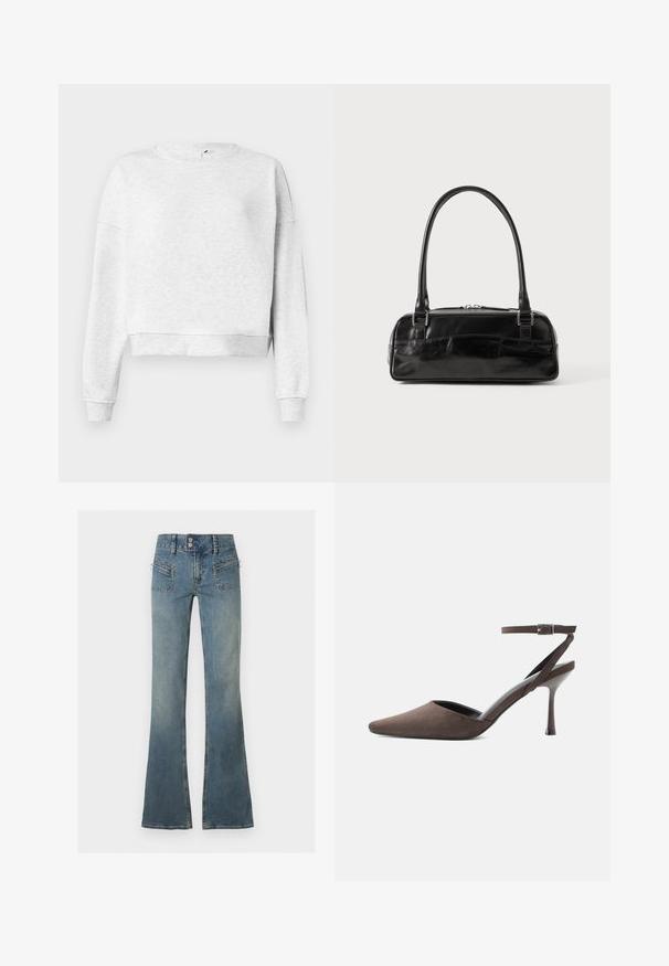 Grijze katoenen sweatshirt met een ronde halslijn, verlaagde schouders en geribbelde manchetten. Heeft een cropped zoom en een zachte, textuurstof.; Blauwe jeans met hoge taille, dubbele knoopsluiting, rits aan de voorkant, ritszakken en uitlopende pijpen tegen een effen achtergrond.; Bruine suède hoge hakken met spits toelopende neus, dunne enkelriem en zilveren gesp op een witte achtergrond.; Zwarte leren handtas met een rechthoekige vorm, voorzien van een enkele gestructureerde handgreep, zilveren hardware en ritsluiting. Gladde textuur.