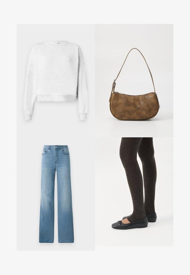 Grå bomulds sweatshirts med rund halsudskæring, dropped skuldre og ribbetræk. Har en cropped kant og blødt, tekstureret stof.; Lyseblå højtaljede jeans med lige ben. Fremstillet af denim, med fem lommer og knaplukning.; Ben iført mørke ribbede leggings kombineret med sorte balletsko med små sløjfedetaljer på hvid baggrund.; Brun faux læder skuldertaske med en buet form, en enkelt strop, kontrasterende syninger og en lynlåslukning langs den øverste kant.
