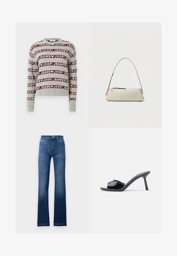 Grå strikket sweater med et mønster af vekslende "JOOP! JEANS"-tekst i sorte og røde striber, med ribstrikket rund halsudskæring og ærmekanter.; Blå denim flared jeans med fem lomme-design, knaplukning og synlige sømme langs sømmene, med en let falmet finish.; Sorte laklæder sandaletter med åben tå, der har et buet overdesign og en spids stilethæl. Glat, blank finish.; Lille beige læder skuldertaske med tynd rem og lynlås, mærket med et diskret metal-logo på frontens midte.