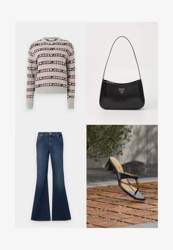 Suéter gris de punto con un patrón de texto alternado "JOOP! JEANS" en franjas negras y rojas, con cuello redondo y puños acanalados.; Vaqueros de mezclilla de cintura alta en azul oscuro con perneras acampanadas, cierre delantero de botón, trabillas para cinturón, y bolsillos delanteros y traseros.; Sandalia negra de tacón con lazo para el dedo y acento dorado, colocada sobre una superficie pavimentada de madera y piedra al aire libre cerca de vegetación.; Bolso de hombro de charol negro con forma curva, que presenta un logotipo triangular plateado y un cierre de cremallera. Textura suave y correa delgada.