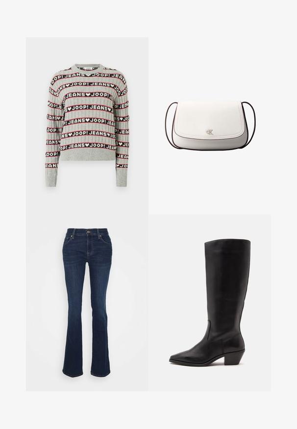 Pull gris en maille présentant un motif alterné de texte "JOOP! JEANS" en rayures noires et rouges, avec un col rond et des poignets côtelés.; Jean évasé bleu foncé en denim ; taille haute, cinq poches, accents en métal doré et texture lisse avec un léger dégradé au niveau des cuisses.; Botte en cuir noire mi-mollet avec un bout pointu et un talon bas incliné sur un fond clair uni.; Sac bandoulière blanc avec fermeture à rabat, petit logo "cK" argenté centré, et fine sangle réglable marron foncé.