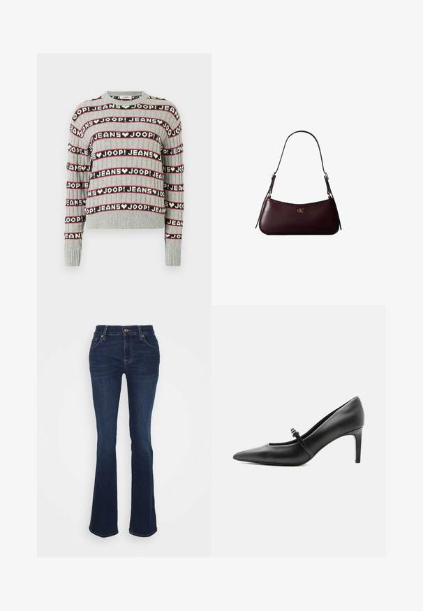 Pull gris en maille présentant un motif alterné de texte "JOOP! JEANS" en rayures noires et rouges, avec un col rond et des poignets côtelés.; Jean évasé bleu foncé en denim ; taille haute, cinq poches, accents en métal doré et texture lisse avec un léger dégradé au niveau des cuisses.; Escarpin noir en cuir à bout pointu avec une fine bride et une boucle sur le cou-de-pied, posé sur un fond clair neutre.; Sac à main en cuir bordeaux foncé avec une fine sangle d'épaule noire et un petit logo doré "cK" au centre devant.
