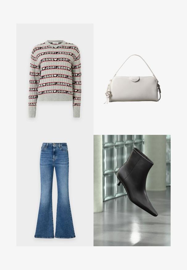 Suéter gris de punto con un patrón de texto alternado "JOOP! JEANS" en franjas negras y rojas, con cuello redondo y puños acanalados.; Jeans acampanados de mezclilla en color azul, con una cintura alta, un ligero desgastado y un clásico diseño de cinco bolsillos.; Bota de cuero negro para el tobillo con puntera puntiaguda y tacón pequeño, exhibida frente a una pared de bloques de vidrio y un suelo pulido.; Bolso rectangular blanco de Calvin Klein con un solo asa, diseño minimalista y borlas decorativas con un charm metálico geométrico en el lateral.