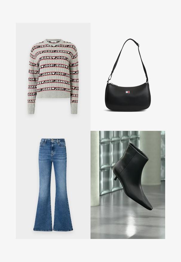 Suéter gris de punto con un patrón de texto alternado "JOOP! JEANS" en franjas negras y rojas, con cuello redondo y puños acanalados.; Jeans acampanados de mezclilla en color azul, con una cintura alta, un ligero desgastado y un clásico diseño de cinco bolsillos.; Botín negro de cuero con punta puntiaguda y tacón bajo estilo kitten, mostrado en ángulo sobre un suelo pulido y con una pared de bloques de vidrio de fondo.; Bolso de hombro negro con correa ajustable y pequeña placa con el logo de Tommy Jeans en el centro frontal.