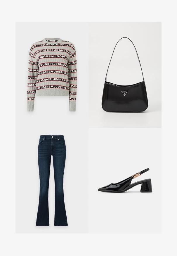 Grå strikket sweater med et mønster af vekslende "JOOP! JEANS"-tekst i sorte og røde striber, med ribstrikket rund halsudskæring og ærmekanter.; Mørkeblå flagrende jeans lavet af denim, med et klassisk fem-lomme design, metalknaplukning og let slid ved hoften.; Sorte patentlæder slingback pumps med spidse tæer og guldfarvet hardware på remmen, med en blokhælhøjder. Glat tekstur.; Sort patenteret læder skuldertaske med en buet form, prydet med et sølvfarvet trekantet logo og en lynlås-lukning. Glat tekstur og slank rem.