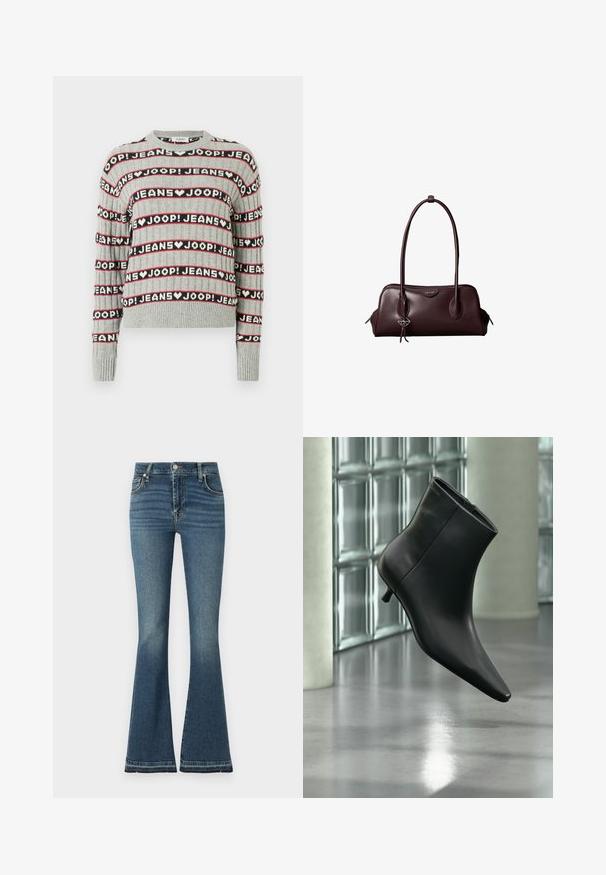 Suéter gris de punto con un patrón de texto alternado "JOOP! JEANS" en franjas negras y rojas, con cuello redondo y puños acanalados.; Vaqueros de campana en denim azul medio con cintura alta, ligero desgaste, diseño de cinco bolsillos y detalles de costura visibles.; Botín negro de cuero con punta puntiaguda y tacón bajo estilo kitten, mostrado en ángulo sobre un suelo pulido y con una pared de bloques de vidrio de fondo.; Bolso de mano de cuero marrón oscuro Calvin Klein con asas dobles largas y un pequeño colgante con el logotipo colgando de una de las asas.