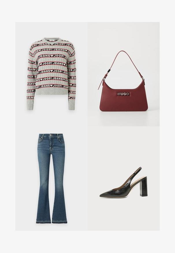 Pull gris en maille présentant un motif alterné de texte "JOOP! JEANS" en rayures noires et rouges, avec un col rond et des poignets côtelés.; Jean évasé en denim bleu moyen avec taille haute, léger effet délavé, design à cinq poches et détails de couture visibles.; Chaussure slingback en cuir noir à bout pointu avec un talon bloc haut et une doublure intérieure beige sur un fond clair uni.; Petit sac à main rectangulaire en cuir bordeaux avec une bandoulière ajustable et une plaque logo « HUGO » en argent à l'avant.