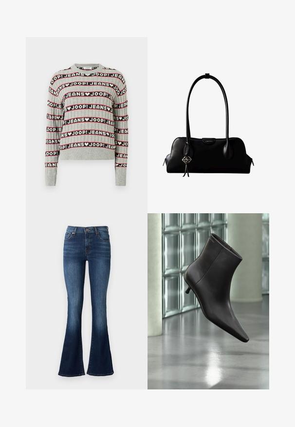 Pull gris en maille présentant un motif alterné de texte "JOOP! JEANS" en rayures noires et rouges, avec un col rond et des poignets côtelés.; Jean flare bleu en denim. Caractéristiques d'une taille haute, de cinq poches et d'une légère décoloration près de l'ourlet. Coutures de couleur contrastante.; Bottine en cuir noir avec bout pointu et petit talon, présentée devant un mur en blocs de verre et un sol poli.; Sac à main en cuir noir Calvin Klein avec de longues anses, une étiquette logo à l'avant et un charme géométrique argenté suspendu à une anse.