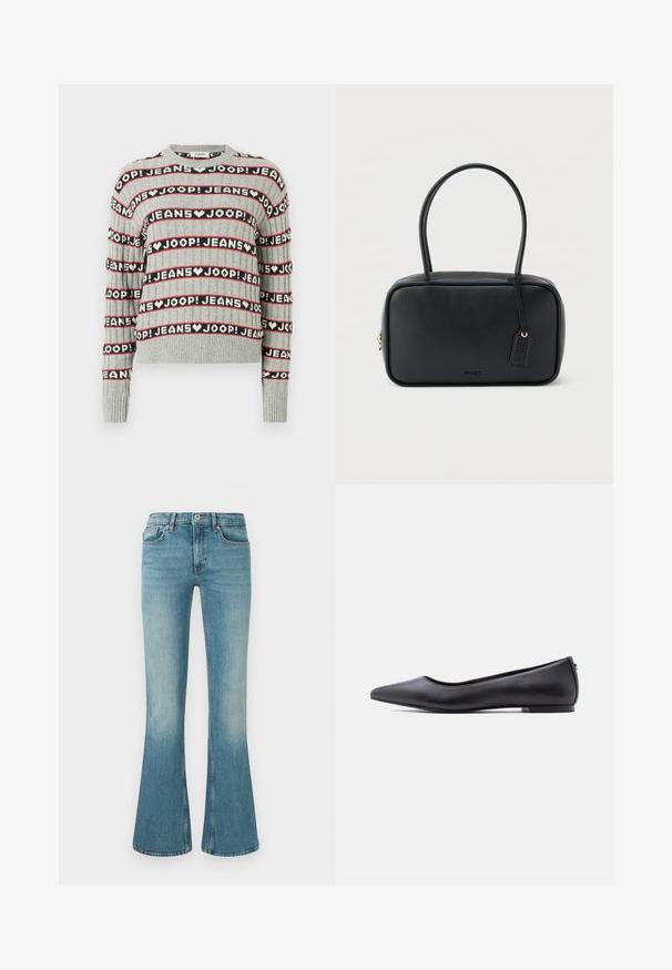 Grå strikket sweater med et mønster af vekslende "JOOP! JEANS"-tekst i sorte og røde striber, med ribstrikket rund halsudskæring og ærmekanter.; Udsvingede blå denimjeans med lys vask, fem lommer, broderede detaljer og en talje med knap- og lynlås lukning.; Sort flad lædersko med spidst tåparti og lav hæl, vist i sideprofil mod en hvid baggrund.; Sort rektangulær håndtaske med dobbelte runde håndtag, gylden lynlås og præget "HUGO"-logo foran med fastgjort lædermærke.