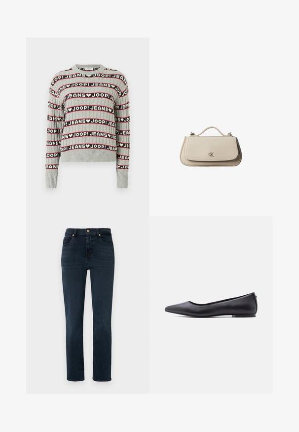 Pull gris en maille présentant un motif alterné de texte "JOOP! JEANS" en rayures noires et rouges, avec un col rond et des poignets côtelés.; Jeans en denim foncé avec une coupe droite, dotés d'une taille haute, de cinq poches et de quincaillerie dorée. Texture lisse, décoloration minimale.; Chaussure plate en cuir noire à bout pointu avec petit talon, vue de profil sur fond blanc.; Petit sac à main en cuir beige avec poignée supérieure et logo CK argenté sur le rabat avant, présenté sur fond blanc.