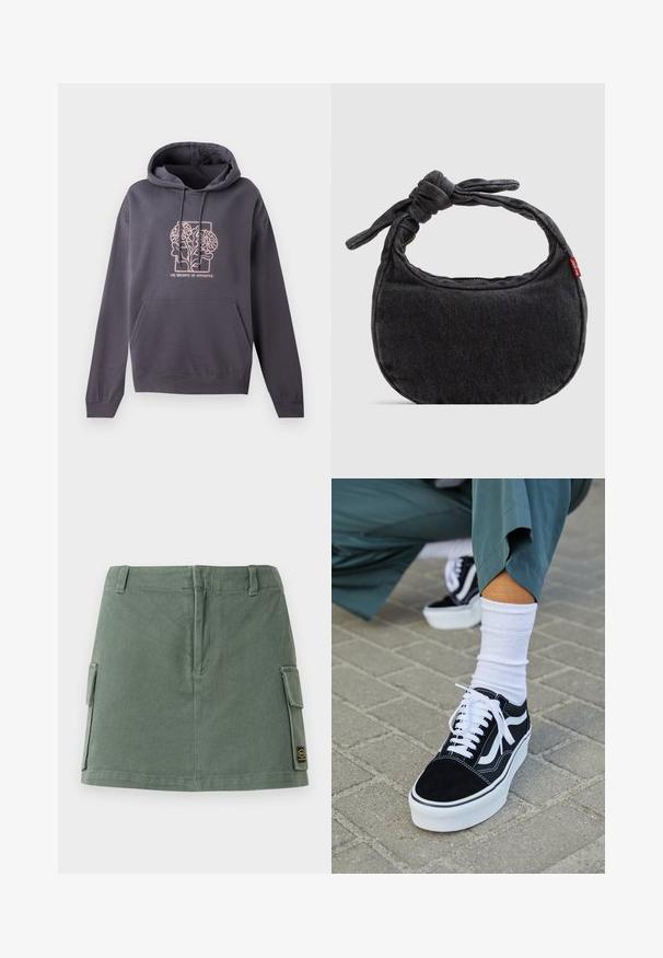 Donkergrijze hoodie met een voorzak, een capuchon met trekkoord en een lichtroze grafisch ontwerp met verweven bladeren en de tekst "DE BALANS VAN TEGENSPELLINGEN."; Groene denim rok met een aansluitende tailleband, twee zijzakken en een patch aan de onderzijde rechts. Soepele textuur met een subtiele glans.; Zwarte suède sneaker met witte accenten en veters, uitgerust met een dikke witte zool en contrasterende stiksels, gecombineerd met een witte sok.; Kleine zwarte denim schoudertas met een gestrikte riem en ritssluiting, met een rood Levi's stoffen label aan de zijkant.
