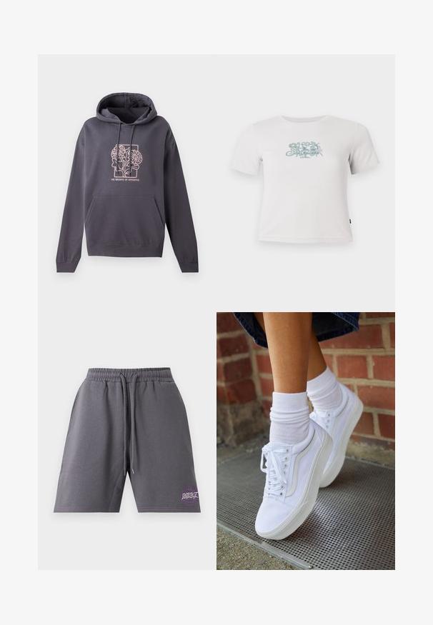 Donkergrijze hoodie met een voorzak, een capuchon met trekkoord en een lichtroze grafisch ontwerp met verweven bladeren en de tekst "DE BALANS VAN TEGENSPELLINGEN."; Korte witte geribbelde T-shirt met korte mouwen en een kleine groene bloemenafbeelding in het midden van de borst.; Donkergrijze casual shorts met elastische tailleband en trekkoorden, met een kleine paarse afbeelding aan de onderkant van het linkerbeen.; Witte canvas sneakers met rubberen zolen, voorzien van zes vetertjes, een ronde neus en lichte stikdetails, gecombineerd met witte enkelsokken.