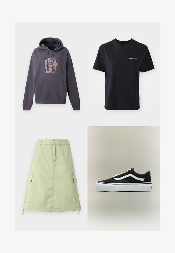 Donkergrijze hoodie met een voorzak, een capuchon met trekkoord en een lichtroze grafisch ontwerp met verweven bladeren en de tekst "DE BALANS VAN TEGENSPELLINGEN."; Zwarte katoenen t-shirt met ronde hals, korte mouwen en wit "carhartt" logo op de linkerkant van de borst. Glad oppervlak, standaard pasvorm.; Lichtgroene katoenen knie-lange rok met twee zijcargo pockets, een knoopsluiting en een relaxte rechte pasvorm. Effen textuur.; Lage zwarte sneaker met witte zijstreep, witte veters, witte rubberen zool en gestructureerde neus op een neutrale achtergrond.