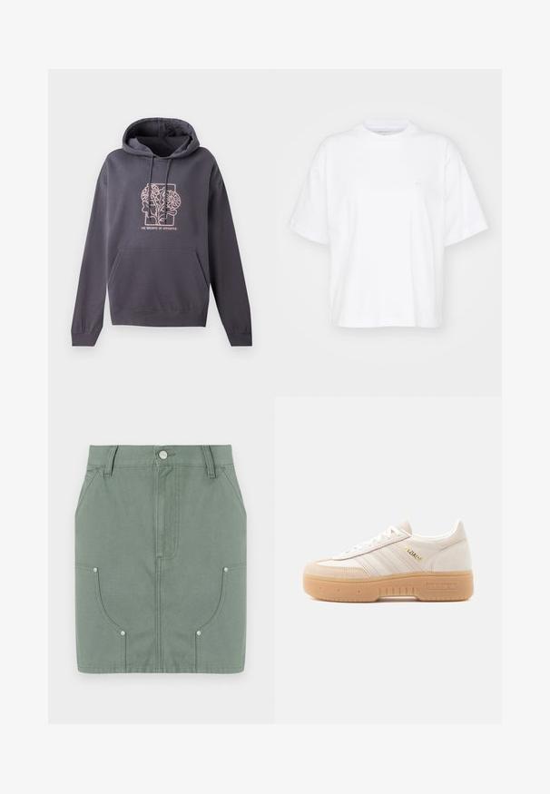 Donkergrijze hoodie met een voorzak, een capuchon met trekkoord en een lichtroze grafisch ontwerp met verweven bladeren en de tekst "DE BALANS VAN TEGENSPELLINGEN."; Witte katoenen t-shirt met een ronde hals, korte mouwen en een ontspannen pasvorm. Heeft een subtiel logo op het linkerborstgedeelte. Zachte textuur.; Groene katoenen rok met een fitted ontwerp, voorzien van voorzakken, een gladde textuur en metalen hardwareaccenten op de zakken.; Adidas Spezial off-white leren sneaker met gum rubberen plateauzool, witte strepen, gouden logo en suède neuskap, zijaanzicht op witte achtergrond.