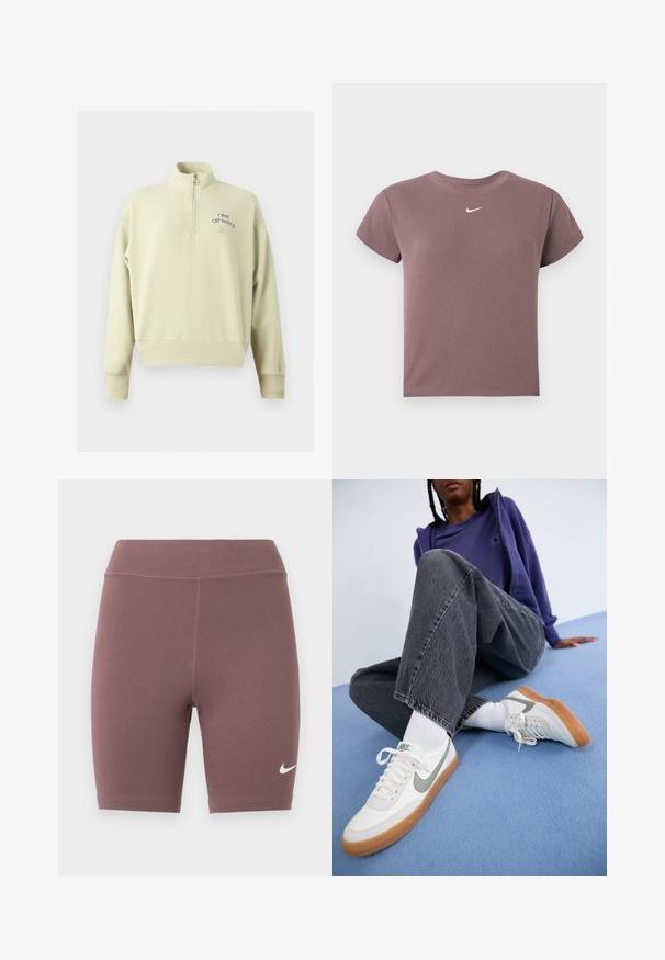 Ανοιχτό μπεζ μακρυμάνικο Nike Athletics πουλόβερ με μπροστινό μισό φερμουάρ και ριμπ μανσέτες και στρίφωμα.; Μωβ ριγέ κοντομάνικο crop top με στρογγυλή λαιμόκοψη και μικρό λευκό λογότυπο Nike κεντραρισμένο κάτω από την λαιμόκοψη.; Ποδηλατικά σορτς σε απαλό μοβ χρώμα, κατασκευασμένα από ελαστικό ύφασμα. Διαθέτουν ψηλή μέση και μικρό λευκό λογότυπο Nike Swoosh.; Λευκά sneakers Nike με γκρι λεπτομέρειες, καφέ σόλα, φορεμένα με λευκές κάλτσες. Σκούρα γκρι, ελαφρώς φθαρμένα jeans σε φαρδιά γραμμή. Μπλε φόντο.