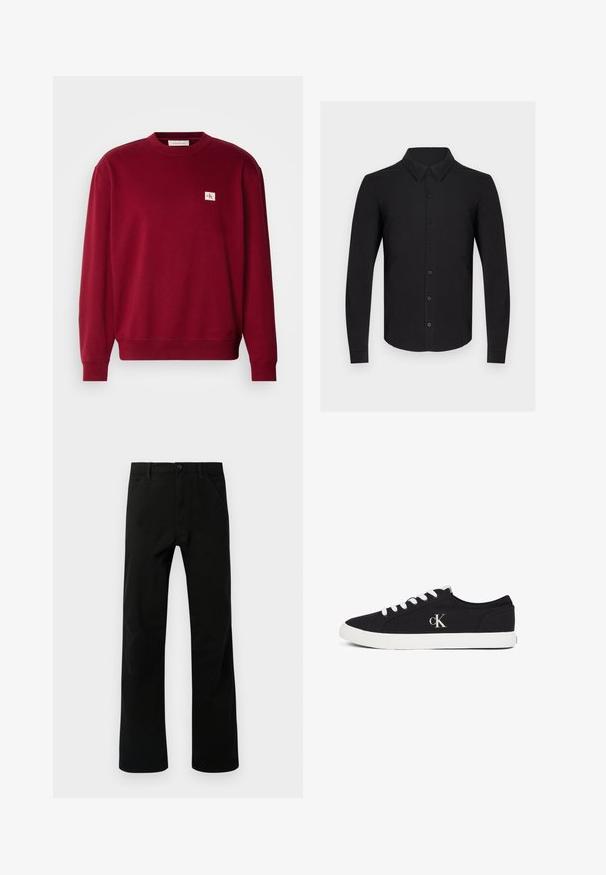 Rød sweatshirt lavet af blødt stof, med rund hals, lange ærmer og et lille broderet logo på den øverste venstre bryst.; Sort langærmet skjorte lavet af blødt stof med knaplukning foran, klassisk krave og knappede manchetter. Glat tekstur uden mønstre.; Sorte lige ben bukser med forlommer, knaplukning og bæltestropper, præsenteret mod en hvid baggrund.; Sort lavt sneakers med hvide snørebånd og sål, med "cK" logo på siden, vist på en hvid baggrund.
