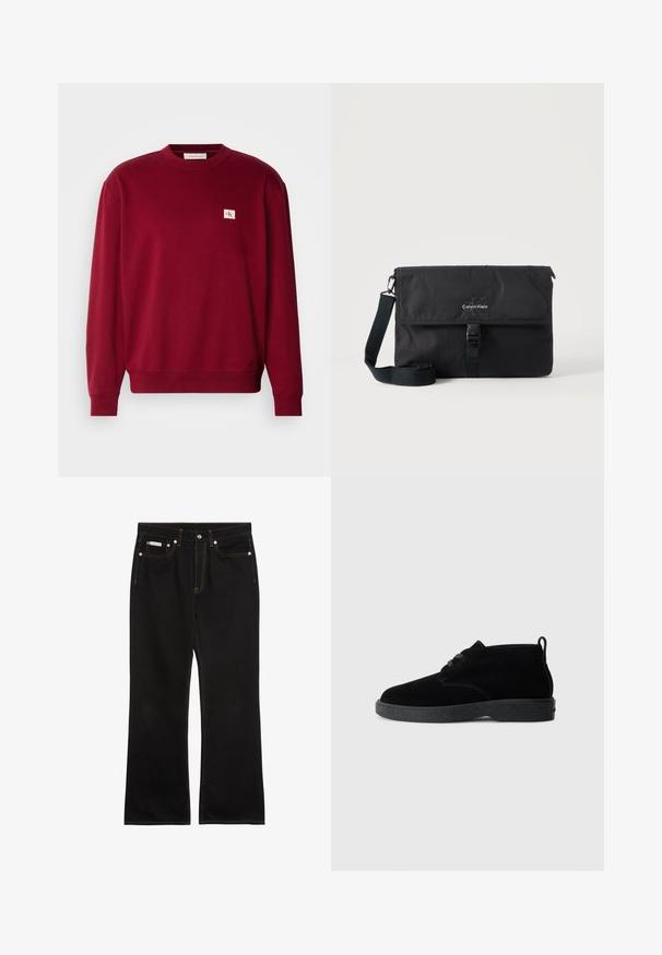 Roter Pullover aus weichem Stoff, mit Rundhalsausschnitt, langen Ärmeln und einem kleinen gestickten Logo auf der oberen linken Brust.; Schwarze Jeans mit geradem Bein, oranger Naht, fünf Taschen, Knopfverschluss und kleinem Calvin Klein-Label auf der vorderen rechten Tasche.; Schwarze Wildleder-Stiefeletten mit runder Zehenpartie, Schnürdesign, schwarzem Gummisohle und einem Zugband an der Rückseite für einfaches An- und Ausziehen.; Schwarze Calvin Klein Umhängetasche mit verstellbarem Schultergurt und vorne mit einer Schnalle gesicherter Klappe, vor neutralem Hintergrund präsentiert.