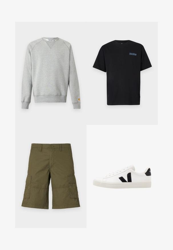 Lichtgrijze crewneck sweater met lange mouwen, geribde manchetten en zoom, en een klein logoplaatje op de linkermouwmanchet.; Zwart katoenen T-shirt met korte mouwen en een ronde hals. Voorzien van een blauw geborduurd "Dickies"-logo op de linkerborst.; Olijfgroene cargoshorts met knoopsluiting, meerdere zijzakken en gestikte details. Gemaakt van duurzame stof met een relaxte pasvorm.; Witte leren sneaker met zwarte suède accenten; voorzien van een rubberen zool, ronde neus en een klassieke vetersluiting. Zijkant met logo in het zwart.