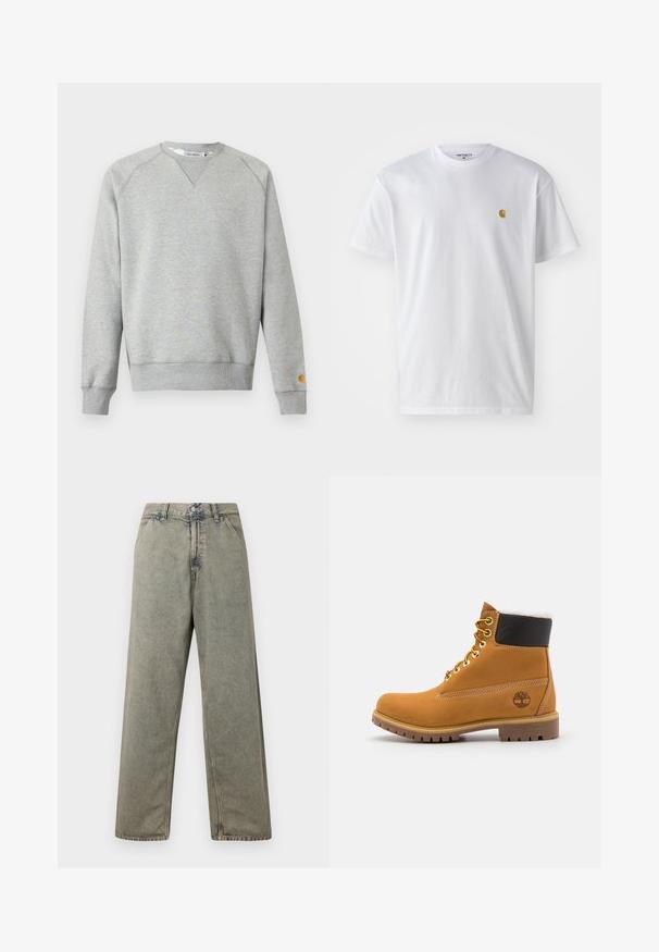 Lichtgrijze crewneck sweater met lange mouwen, geribde manchetten en zoom, en een klein logoplaatje op de linkermouwmanchet.; Witte katoenen t-shirt met korte mouwen en ronde hals, voorzien van een klein gouden logo op de linkerkant van de borst. Zachte textuur en een normale pasvorm.; Wijdvallende denim jeans in een vervaagde grijze kleur, met een knoopsluiting en een traditionele vijf-pocketstijl met zichtbare stikseldetails.; Bruine leren enkellaars met metalen oogjes, witte faux bont voering, zwarte gewatteerde kraag, robuuste zool en een reliëflogo aan de zijkant.