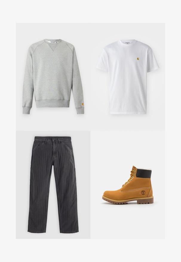 Lysegrå crewneck sweatshir t med lange ærmer, ribbede manchetter og kant, samt lille logo patch på venstre ærmekant.; Hvid bomulds t-shirt med korte ærmer, rund hals og et lille guld logo på venstre brystområde. Blød tekstur og almindelig pasform.; Sortstribede bukser lavet af bomuldsblandingsstof. Har et lige ben-design, sidelommer og en knaplukning.; Brune læder ankelstøvle med metaløjer, hvid pelsforing, sort polstret krave, robust sål og præget logo på siden.