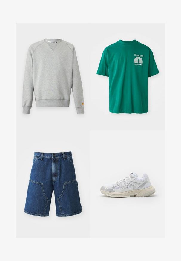 Lichtgrijze crewneck sweater met lange mouwen, geribde manchetten en zoom, en een klein logoplaatje op de linkermouwmanchet.; Groene katoenen T-shirt met een ronde halslijn. Bevat een grafische print in het wit met de tekst "Ellesse 1959 Club di Corsa" op de linker borst.; Denim shorts met een donkere blauwe wassing, voorzien van grote voorzakken, een knoopsluiting en zichtbare stiksels langs de naden.; Witte sportieve sneakers met meshpanelen, een rubberen zool en zilveren accenten. Voorzien van een ronde neus en een vetersluiting voor een veilige pasvorm.