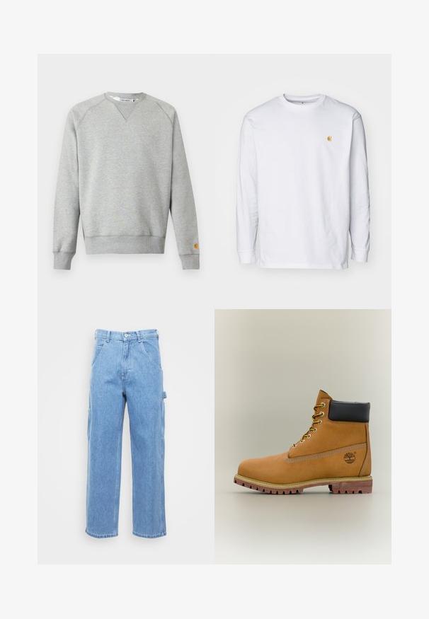 Lichtgrijze crewneck sweater met lange mouwen, geribde manchetten en zoom, en een klein logoplaatje op de linkermouwmanchet.; Witte lange mouwen t-shirt van katoen. Voorzien van een klein gouden logo op de borst en een ronde hals. Eenvoudig ontwerp en standaard pasvorm.; Lichtblauwe denim cargobroek met rechte pijpen, voorzakken en zijcargozakken. De stof heeft een gladde textuur met een licht vervaagde afwerking.; Bruine leren enkellaars met zwarte kraag, gele veters en een zandkleurige zool. Voorzien van een logo en witte stikseldetails. Robuuste loopzool met grip.