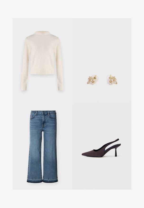 Pull crème à manches longues avec un col haut. Texture douce, taille et poignets côtelés. Tissu léger avec un léger éclat.; Jean en denim bleu taille haute à jambes larges avec fermeture à boutons et zip, poches avant, passants pour ceinture et ourlets cousus.; Chaussure à talon slingback en tissu violet foncé. Design à bout pointu, côtés ouverts, et talon mince de forme carrée. Texture lisse.; Boucles d'oreilles clous ton or avec un design floral en perles et cristaux, dotées de fermoirs transparents sur fond blanc.