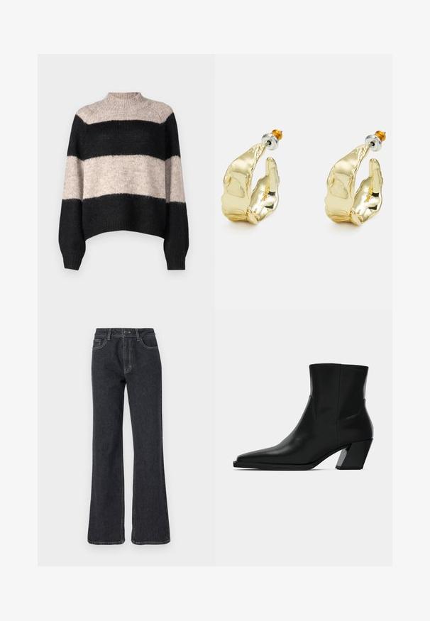 Suéter a rayas con cuello alto, que presenta tres bandas horizontales en negro y beige claro. Confeccionado en un material de punto suave y texturizado.; Jeans de mezclilla oscura acampanados con cintura alta, con costuras doradas, cinco bolsillos y cierre de botón. Textura suave, diseño de pierna recta.; Bota de tobillo de cuero negro con punta afilada, una silueta elegante y un tacón cuadrado grueso. Textura suave con detalles de costura mínimos.; Pendientes en tono dorado con forma de manos abstractas, que presentan una superficie brillante, detalles intrincados y un poste de plata y oro para un ajuste seguro.