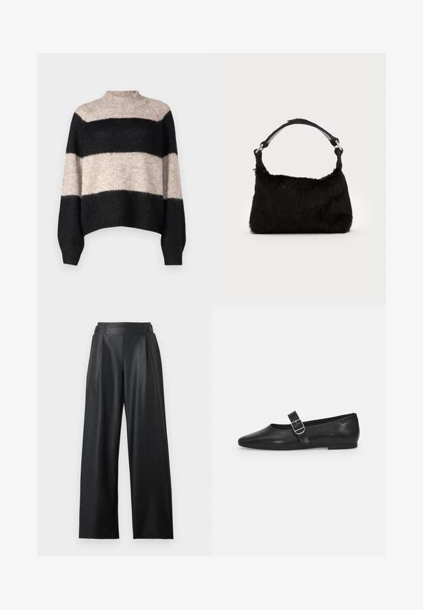 Pull rayé à col haut, comportant trois bandes horizontales en noir et beige clair. Fabriqué en maille douce et texturée.; Pantalon large en cuir synthétique noir avec taille haute, détails de boutons à la ceinture et plis sur le devant.; Chaussure plate en cuir noir avec un bout arrondi, une seule sangle réglable à boucle et une texture lisse et brillante. Design minimaliste avec un petit talon.; Sac à main en fausse fourrure noire avec une texture douce, une forme arrondie et une bandoulière en cuir noir robuste. Accent en métal argenté visible.