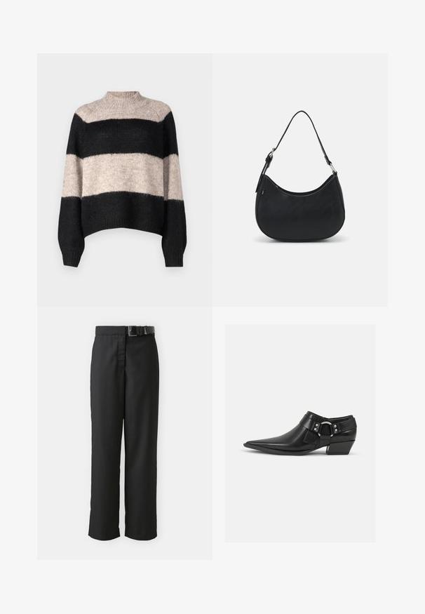 Pull rayé à col haut, comportant trois bandes horizontales en noir et beige clair. Fabriqué en maille douce et texturée.; Pantalon noir avec une coupe droite, fabriqué en tissu lisse, doté d'une large ceinture et d'une boucle de ceinture rectangulaire.; Bottines en cuir noir avec un bout pointu, présentant une sangle en cuir à l'avant et un détail de boucle en argent, ainsi qu'un petit talon carré.; Sac hobo noir en cuir lisse avec une silhouette arrondie, doté d'une seule sangle ajustable et de détails de design minimalistes.