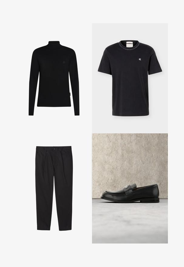 Zwarte coltrui van gebreide stof met lange mouwen; voorzien van geribde manchetten en zoom; klein, subtiel logo op de borst.; Zwart T-shirt met korte mouwen en ronde hals, met een klein wit "cK"-logo op de linkerborst, klassieke pasvorm, eenvoudig ontwerp.; Zwarte op maat gemaakte broek met riemlussen, knoopsluiting aan de voorkant, zijzakken en een rechte pijpvorm tegen een witte achtergrond.; Zwarte leren loafer met een metalen merktekenplaatje, rustend bij een bruine ronde tafel op een beige tapijtvloer.
