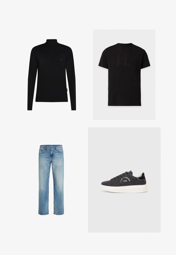 Zwarte coltrui van gebreide stof met lange mouwen; voorzien van geribde manchetten en zoom; klein, subtiel logo op de borst.; Zwart T-shirt met korte mouwen met een subtiel reliëf "KL"-logo op de borst, weergegeven op een effen lichtgrijze achtergrond.; Lichtblauwe denim jeans met een rechte pijp. Beschikt over een vervaagde textuur, vijfzakkenontwerp en een knoopsluiting aan de voorkant met riemlussen.; Donkergrijze suède sneakers met witte rubberen zolen, voorzien van decoratieve stiksels en een logo aan de zijkant. Glad zwarte accenten op de hiel.