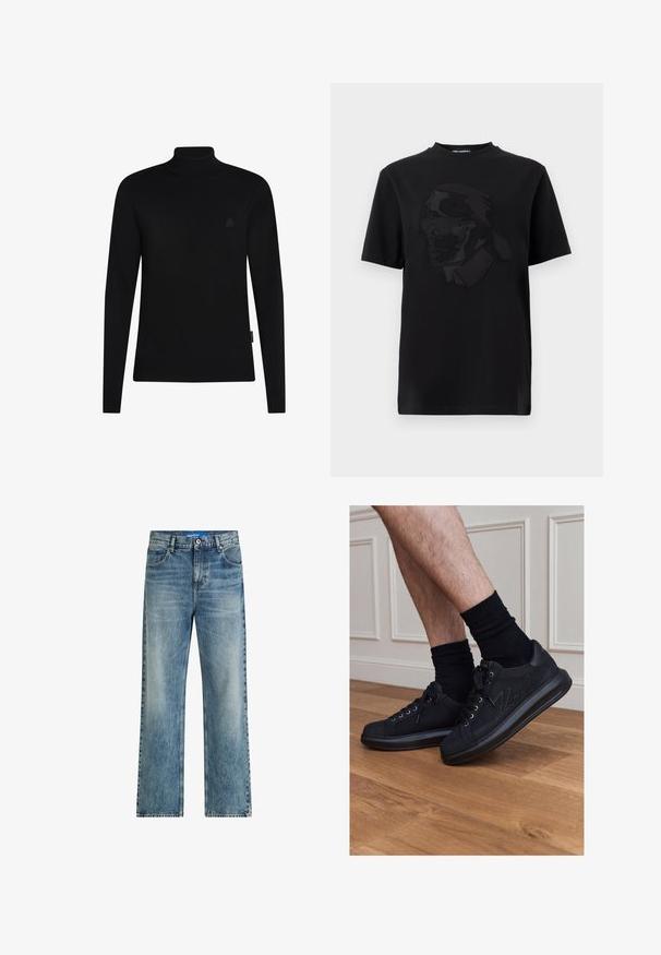 Pull à col roulé noir en tissu tricoté avec des manches longues ; finition avec des poignets et un ourlet côtelés ; petit logo discret sur la poitrine.; T-shirt noir à manches courtes avec un graphisme en relief d'un homme portant des lunettes de soleil et un col montant, centré sur le devant.; Des jeans en denim bleu clair à jambes larges présentent une taille haute, un design classique à cinq poches et un léger délavage pour ajouter de la texture.; Personne portant des baskets noires à lacets et des chaussettes noires debout sur un sol en bois contre un lambris blanc.