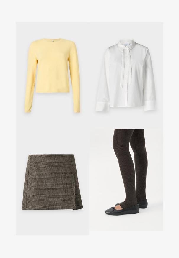 Pull jaune à manches longues en tissu doux avec un col rond et un ourlet côtelé, présentant une texture lisse et une coupe décontractée.; Chemisier blanc à manches longues avec un col, fermeture à boutons sur le devant et un détail de cravate au niveau du col. Tissu lisse et design court.; Jupe mini à carreaux marron et gris avec une subtile fente latérale, coupe droite et tissu texturé.; Jambes portant des leggings côtelés foncés associés à des ballerines noires avec de petits détails en nœud sur fond blanc.