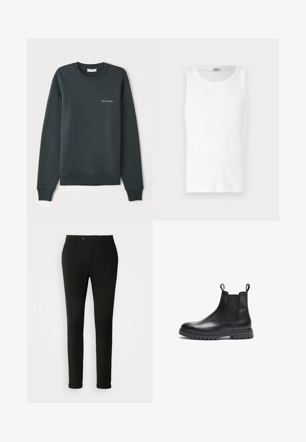 Dunkelgrüner Sweatshirt, Rundhalsausschnitt, lange Ärmel, gerippte Bündchen und Saum, mit einem weißen Textlogo "TIGER OF SWEDEN" auf der Brust.; Weißes Baumwoll-Tanktop ohne Ärmel mit Rundhalsausschnitt und glatter Textur. Einfaches Design, ohne Muster oder Akzente.; Schwarze Maßanzug-Hosen mit schlanker Passform, elegantem Design und Gürtelschlaufen, einer einzigen Gesäßtasche und glatter Stoffstruktur.; Schwarze Leder Chelsea-Boots mit strukturierter Oberfläche, elastischen Seitenpanels und Zuglaschen. Verfügt über eine klobige Gummisohle mit Profil.
