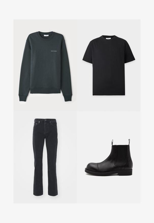 Mørkegrøn sweatshirt med rund hals, lange ærmer, ribbede manchetter og kant, med et hvidt tekstlogo "TIGER OF SWEDEN" på brystet.; Simpel sort t-shirt med korte ærmer og rund halsudskæring med en lille hvid label inde i kraven på en lys grå baggrund.; Sorte denimjeans med lige ben-design, der har fem lommer og knappelukning. Stoffet har en subtil tekstur og en robust overflade.; Sort læder Chelsea-støvle med rund tå, elastiske sidepaneler, stropper foran og bagpå, flad sål, vist fra siden på hvid baggrund.