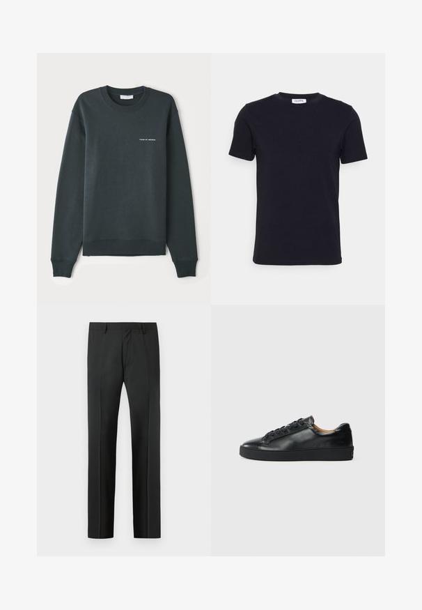 Sudadera verde oscuro, con cuello redondo, mangas largas, puños y dobladillo acanalados, que presenta un logo de texto blanco "TIGER OF SWEDEN" en el pecho.; Camiseta negra de manga corta con cuello redondo, con una pequeña etiqueta blanca en el interior del cuello.; Pantalones de vestir negros a medida con trabillas para cinturón y pliegue frontal, mostrados sobre un fondo gris claro.; Zapatilla negra de cuero con una textura suave, puntera redonda y cierre de cordones. Presenta una suela de goma gruesa y un detalle de marca mínimo.