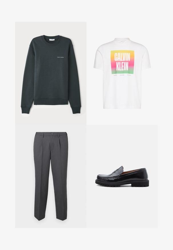 Dunkelgrüner Sweatshirt, Rundhalsausschnitt, lange Ärmel, gerippte Bündchen und Saum, mit einem weißen Textlogo "TIGER OF SWEDEN" auf der Brust.; Weißes T-Shirt mit kurzen Ärmeln und quadratischem Farbverlauf-Print in Gelb, Pink und Grün, mit großem weißem "Calvin Klein" Text in der Mitte.; Dunkelgraue formelle Hose mit Falten, Gürtelschlaufen, Knopfverschluss und geraden Beinen vor einem schlichten weißen Hintergrund dargestellt.; Schwarze Leder-Penny-Loafer mit strapazierfähiger Gummisohle und Mokassin-Stich, seitlich auf einem weißen Hintergrund dargestellt.